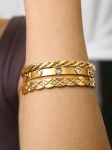 TONSI 1pc Elegant, Charming, Personalized Luxury, Simple, Fashionable, Minimalist, Vintage, High-End Stainless Steel Zirconia 18k Gold Plated Geometric Woven Bracelet, Suitable For Summer, Beach, Holiday, Travel, Work, Daily, Party, Occasion, Women Jewelry