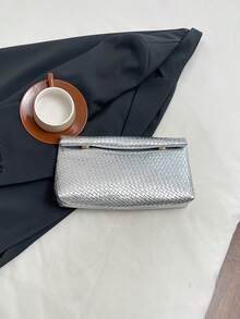 Bolso de mano de color sólido a la moda, de material PU, gran capacidad, con cierre magnético y solapa, bolso cuadrado con patrón de cocodrilo para mujer. - Plateado - Ver 8
