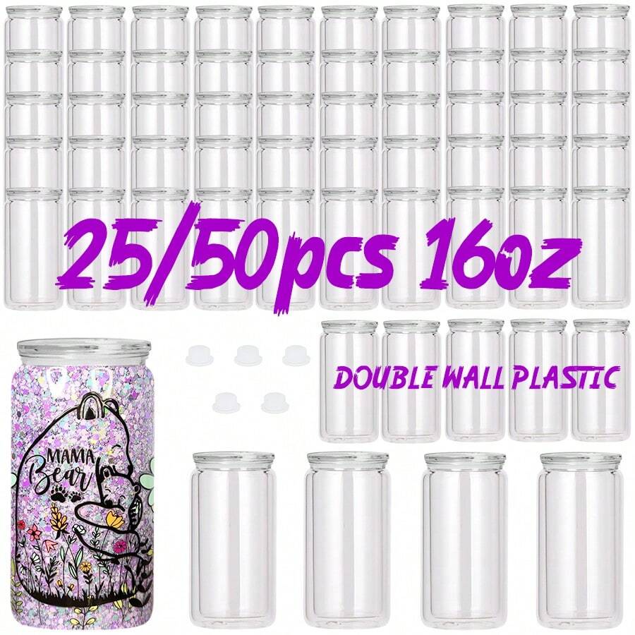 [ 4/8/12/25/50PCS ] 16 Oz Plastic Snowglobe Tumblers Pre Drilled, 16oz Double Wall Acrylic Snow Globe Tumbler Cup Supplies Clear Plastic Can Snowglobe Cups Bulk With Pre-Drilled Hole And Hole Stopper For Snow Globe Glitter DIY Crafts Gifts - Clear(with Colors Lids) - 查看 1