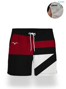 Men's Summer Printed Pattern Drawstring Waist Slant Pocket Hawaiian Quick-Dry Double-Layer Mesh Lining Shorts, Seagull Contrast Color 3D Print, Fashionable Casual Beach Resort Swim Trunks