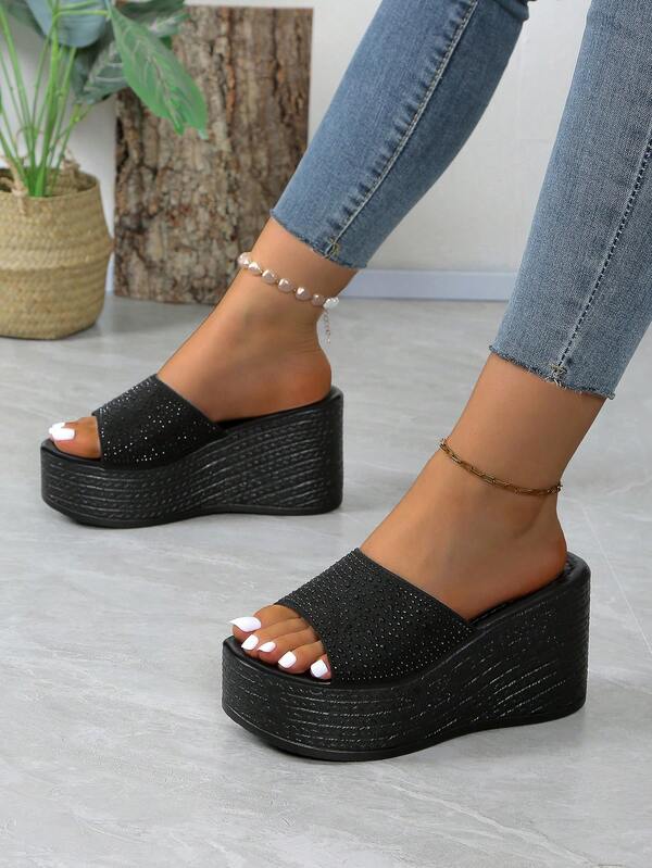 Women's Bohemian Rhinestone Wedge, Thick Bottom, High Sexy Fashion Platform Sandals, Solid Color, For Summer