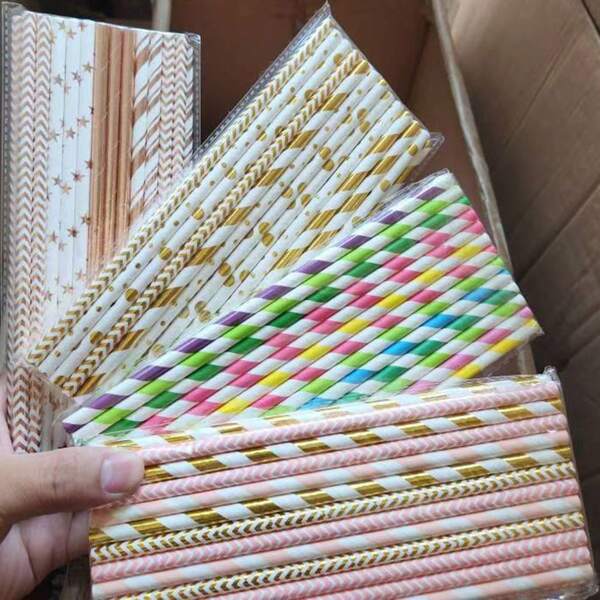 25 / 100pcs Pink & Gold Striped Disposable Paper Straws - Perfect For Birthday Party, Wedding, Celebration Events - Ideal For Restaurants And Cafes