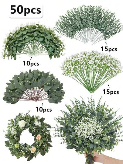 50pcs Artificial Eucalyptus Leaves Stems, Fake Greenery Plants For Wedding Bouquet Wreath Vase Floral Arrangement, Home Decor Bedroom Decoration Garden Decoration