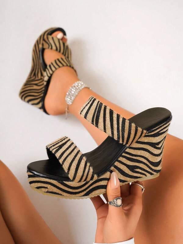 Zebra Print Slippers, Platform Wedge Slide Sandals, Suede Plush Comfortable Slippers, High-End Simple Spring/Summer Style, Fresh Resort-Style, Bohemian Slip-On Sandals