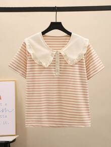 Tween Girls' Ruffled Striped Short Sleeve Blouse, Sweet Collared Shirt For Toddler & Big Girls, Back To School - Pink - View 3