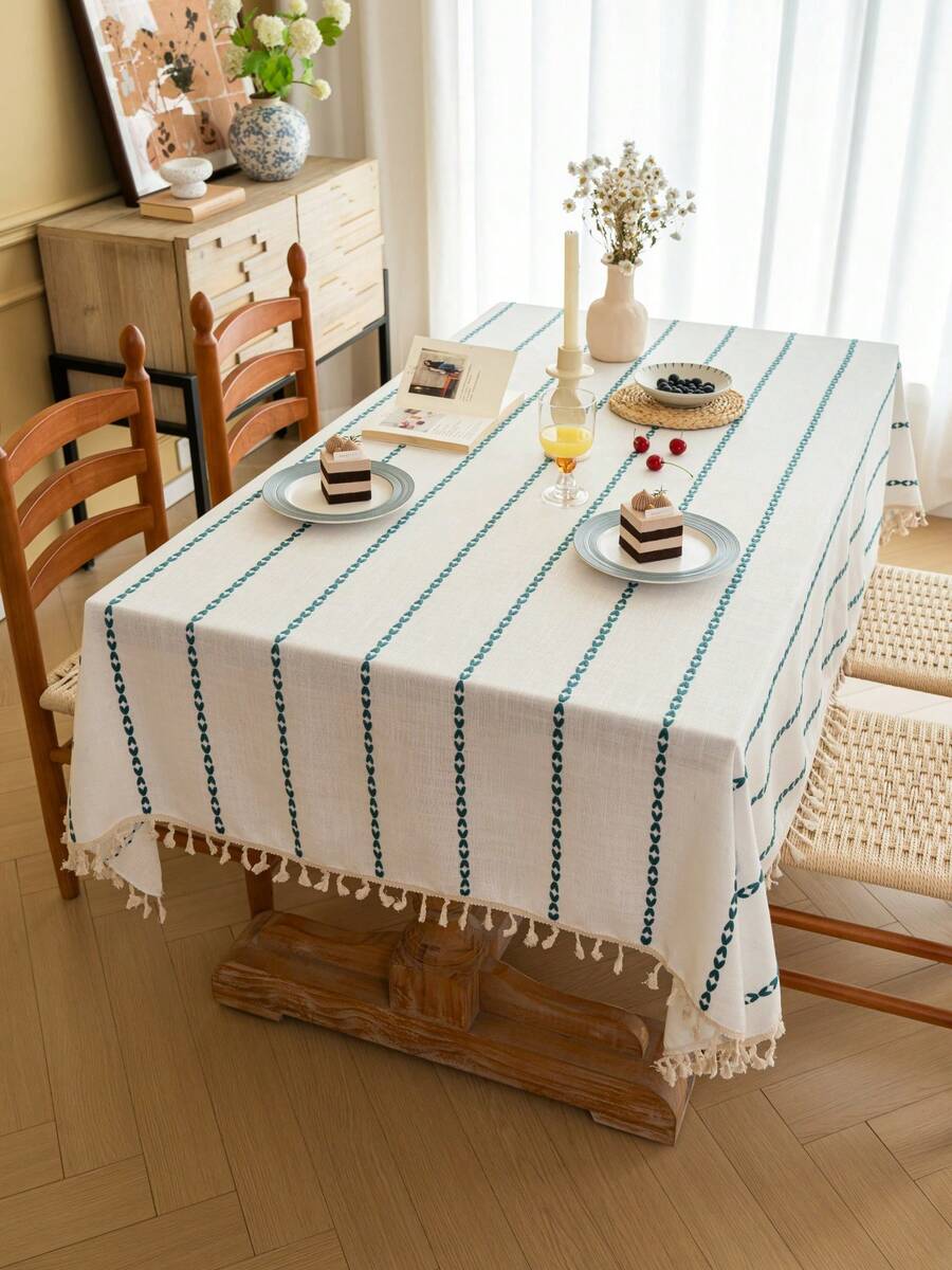 1pc Japanese Minimalist Ins-Style Green Geometric Stripe Embroidery Rectangular Tablecloth With Tassels, Washable, Suitable For Family Gatherings, Birthday Parties, Weddings, Dinners, Home Decor, All Seasons - Multicolor - View 1