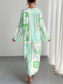 Solessence 女士印花修身长裙，绿色，奢华圆领长袖宽松优雅休闲轻盈透气度假风长裙，适合春、夏、秋季穿着，传统阿拉伯风格，适合假日、派对、晚宴、节日、居家穿着。 - 綠色 - 查看 2