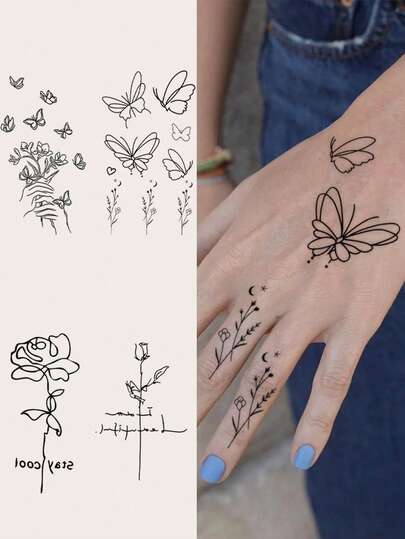 4pcs Black Minimalist Butterfly, Floral, Line Art Temporary Tattoos, Unisex Designs For Daily, Party, Holiday, Gift, Body Decoration On Finger, Wrist, Ear, Shoulder, Neck, Collarbone