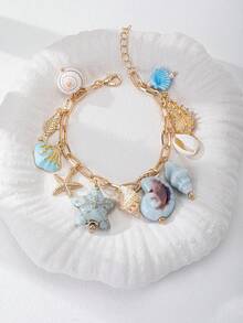 1pc BOHO Bohemia Style Shell, Turquoise Stone, Turtle, Starfish, Natural Stone Tassel Charm Bracelet, Summer Vacation Beach Style (Handmade, Shape And Color Are Random) - Multicolor - View 26