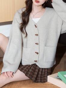 Alicedudu كارديجان نسائي بياقة على شكل حرف V، موسم الخريف/الشتاء