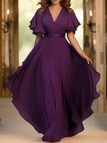 Plus Size Wedding Guest Grape Chiffon Flutter Sleeve Tunic Maxi Dress