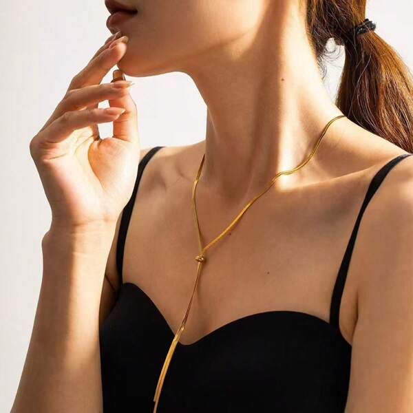 Collier long à pampilles en acier inoxydable plaqué or 100 cm, chaîne serpent, pour femmes et hommes, bijoux à la mode, cadeaux de fête, bijoux fins en acier inoxydable, breloque ajustable, chaîne serpent plate, pendentifs pour femmes. Élégant collier chaîne serpent en Y - Style minimaliste, finition métallique, pendentif long à pampilles pour femmes, accessoire classique du quotidien, bijoux de tous les jours, collier minimaliste, boucles d'oreilles pendantes
