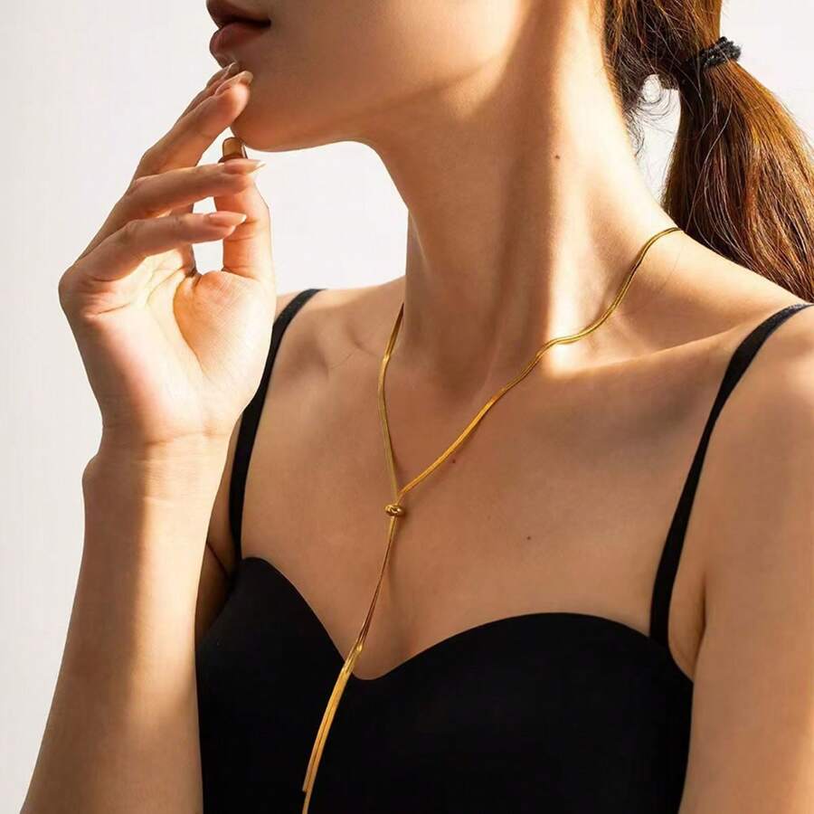 Collier long à pampilles en acier inoxydable plaqué or 100 cm, chaîne serpent, pour femmes et hommes, bijoux à la mode, cadeaux de fête, bijoux fins en acier inoxydable, breloque ajustable, chaîne serpent plate, pendentifs pour femmes. Élégant collier chaîne serpent en Y - Style minimaliste, finition métallique, pendentif long à pampilles pour femmes, accessoire classique du quotidien, bijoux de tous les jours, collier minimaliste, boucles d'oreilles pendantes