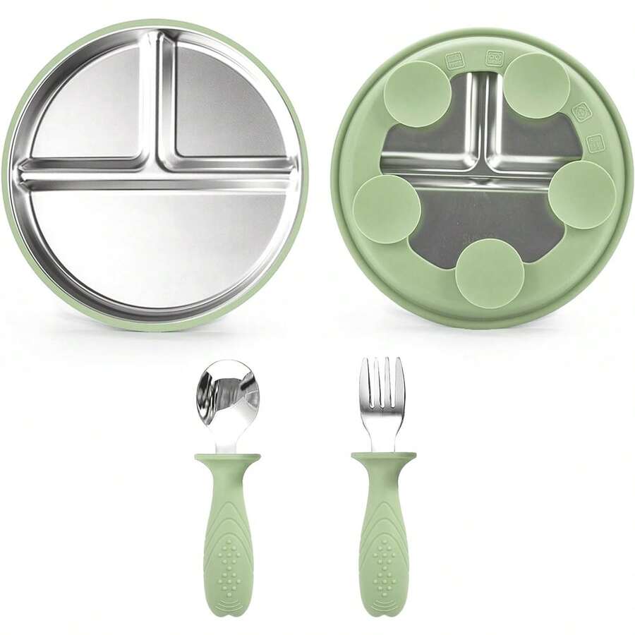 Plato de acero inoxidable para bebé con tenedor y cuchara, plato para bebé con ventosa, plato para niños con ventosa, plato para niños con divisores, irrompible, apto para lavavajillas - Multicolor - Ver 1
