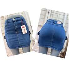 Falda cargo  Liso    Casual  Fiesta    Cremallera  Bolsillo  Botón - Azul - Ver 2