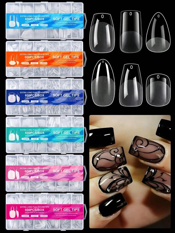600 Piezas Puntas de uñas de cobertura completa para aplicación, estilo Stiletto, Almendra, Cuadrado y Ataúd, Francesas, Falsas, Removibles, de Gel, Extensión de uñas, Cápsula, Uñas postizas, Accesorios para uñas