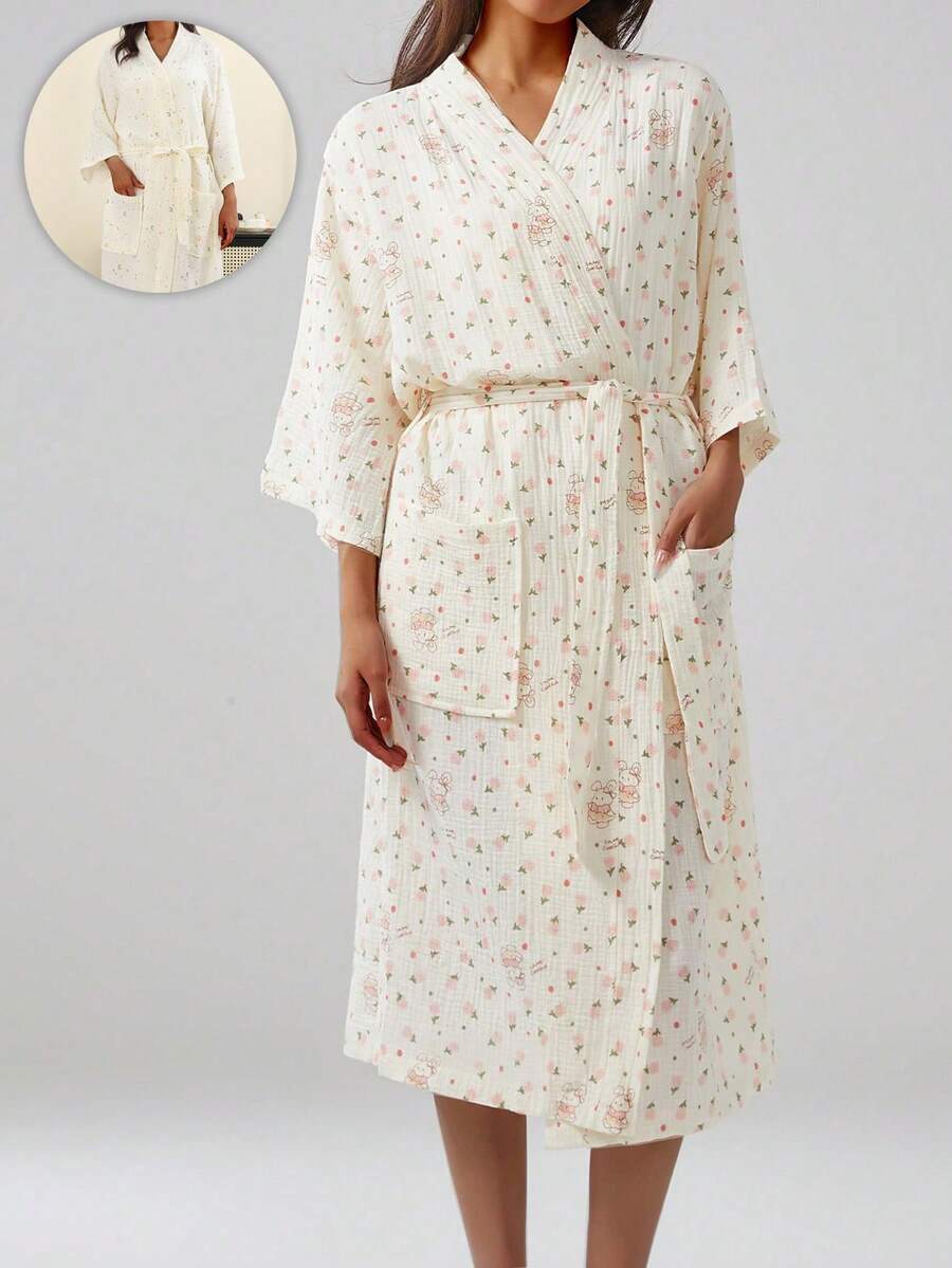 1 bộ Yukata vải gạc tay ngắn màu trơn, đồ ngủ nhẹ, áo ngủ dài, đồ ngủ thoải mái cho mùa hè trở lại trường - Nhiều màu - Xem 1