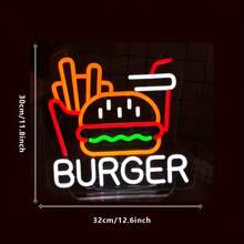 1 pezzo Insegna al neon di hamburger e patatine per decorazione da parete, luce al neon di hamburger e patatine francesi di 32,0 cm x 30,0 cm , segni di fast food per casa, ristorante, bar, caverna dell uomo, decorazione, Eid Al-Adha Mubarak