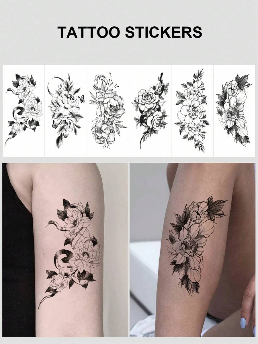 6pcs/Set Temporary Tattoo Stickers, Dark Mysterious Style Waterproof Long Lasting Fake Tattoos For Body, Suitable For Single's Party, Women's Wrist, Arm, Collarbone, Chest, Back, Leg