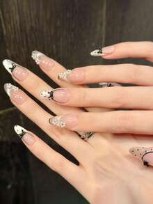 10片芭蕾舞甜心猫眼蝴蝶结仿珍珠花朵法式波点手工美甲亚克力按压式美甲夏季美甲甜美可爱短棺材/长椭圆法式假指甲返校全覆盖指甲贴片，含果冻胶和指甲锉，DIY美甲用品手工按压式美甲 - 粉色 - 查看 23