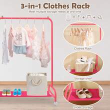 3 IN 1 Clothing Rack, Clothes Racks For Hanging Clothes With Wheels And Bottom Storage Shelf, Small Garment Rack Kids Dress Up Storage Wardrobe For Coats, Skirts, Dance Costume - 粉色 - 查看 2