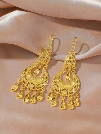 1 Pair Luxury Dubai Style Elegant Copper Gilded Crescent Moon Tassel Earrings, Fine Jewelry Gift For Women India Wedding Ramadan