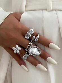 6 件套复古创意珍珠花朵设计戒指套装，优雅时尚巴洛克珍珠戒指，朋克嘻哈金色金属指节戒指，适合女性日常佩戴、派对、宴会配饰、节日礼物、百搭服装搭配首饰