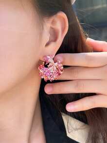 1对创意独特对称粉色和红色立方氧化锆奢华大耳环，适合女性、节日、婚礼、新娘派对佩戴 - 紅色 - 查看 4