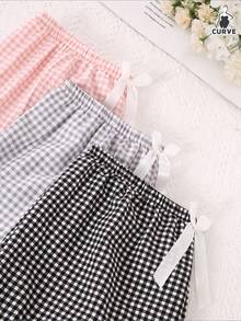 3件套加大码女式格子印花泡泡质感睡裤舒适家居服秋冬装