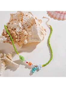 波西米亚风格树脂海星、珍珠、贝壳和鱼装饰串珠吊坠项链