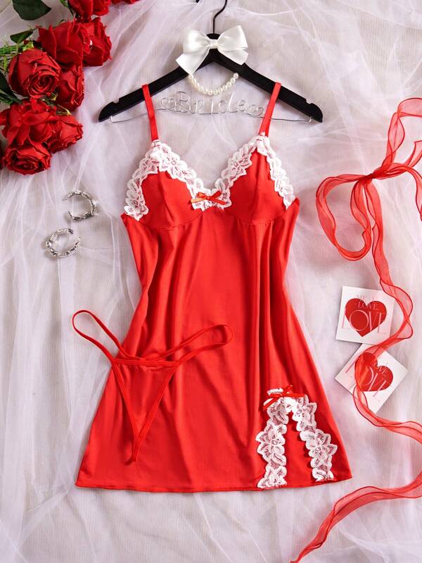 Plus Size V-Neck Lace Color Block Split Design Women's Nightgown With G-String, Ladies Sexy Lingerie, Strap Chemise Dress