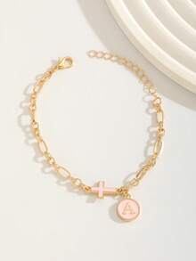 1条甜美可爱的粉色十字架字母双吊坠金手链，适合儿童、女孩、家人、朋友、暑假、旅行、街头时尚，时尚配饰，适合日常装饰、节日和生日礼物 - 粉色 - 查看 3