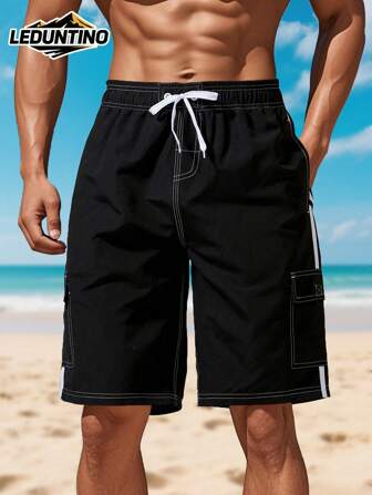 LEDUNTINO [Primavera/Verão] Moda Masculina Shorts de Camada Dupla 2 em 1, Sólido, Listrado, Multibolsos, Shorts Elásticas de Verão para Homens, Praia, Férias, Surfe, Natação, Presente Ideal para Namorado ou Marido
