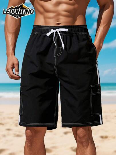 LEDUNTINO [Spring/Summer] Men's Fashion 2-In-1 Double Layer Shorts, Solid, Stripe, Multi-Pocket, Men Summer Elastic Waist Shorts, Beach, Vacation, Surfing, Swimming, Ideal Gift For Boyfriend Or Husband
