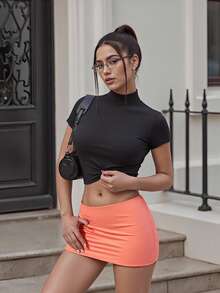 Women's Solid Bodycon Mini Skirt Skirts Low Waist Elastic Short Skirts Streetwear Night Club - trái cam - Xem 1