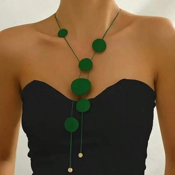 1pc Fashion Elegant Creative Geometric Circle Polished Textured Irregular Arrangement Snake Chain Necklace For Women, Boho Style Beaded Tassel Long Necklace, Minimalist Unique Design Solid Color Choker Necklace, Suitable For Daily And Party Wear
