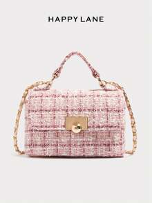 HAPPY LANE Geantă de mână vintage elegantă din lână, geantă de umăr minimalistă simplă, geantă cross-body cu cataramă aurie personalizată, potrivită pentru afaceri, casual, cumpărături, școală, geantă cu închidere prin răsucire frontală, vine cu curea de umăr, foarte potrivită pentru zi cu zi, petreceri și călătorii, ușoară și durabilă, fermecătoare retro, perfectă pentru femeile care urmăresc eleganța personalizată, potrivită pentru orice ocazie, prezintă un gust vestimentar unic. - Multicolor - Vizualizare 3