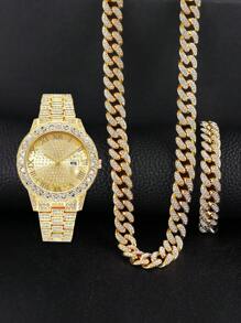 Set de 4 piezas: 1 reloj analógico de lujo de cuarzo cristalino, 2 pulseras con cuentas de estilo hip-hop, 1 collar con colgante de cruz - Accesorios de color dorado/plateado para hombres, negocios, deportes, uso diario, regalos