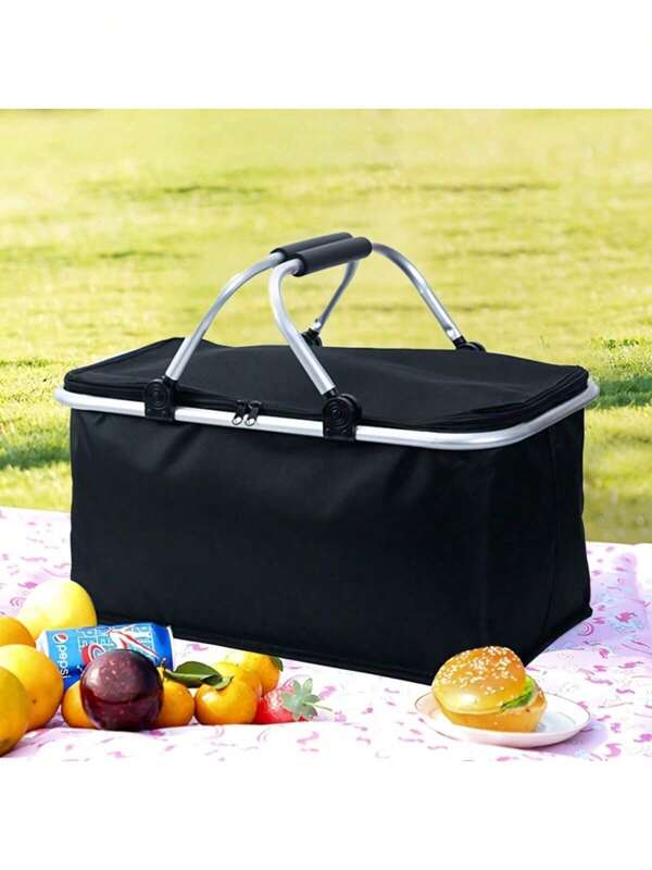 Faltbare Nylon Picknick Tasche, isolierte Outdoor Reise Lunch Tragetasche, tragbarer Kühltasche Korb mit Griff - Schwarz