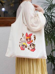 THE POWERPUFF GIRLS Cartoon Police Girl Printed Canvas Tote Bag, Large Capacity Casual Shoulder Bag, Versatile For Outdoor, Commute