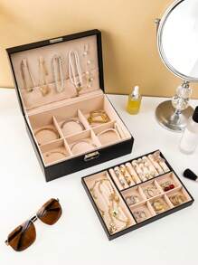 Large Capacity Jewelry Storage Box, Double Layer Lockable Necklace Earring Organizer Box, Big Space Ring Earring Jewelry Box, Double Layer Jewelry Box, Leather Portable Jewelry Box With Removable Tray, Fabric Lining, Key Lock Closure - Desktop Storage, Travel Jewelry Box, Jewelry Organizer For Necklaces, Rings, Watches, Bracelets, Best Gift For Family, Friends, Students, Teachers, Goddess, Holiday Gifts