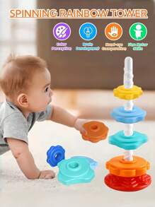 Spinning Stacking Toys, Tworzywo ABS i kolorowy wzór tęczy, Skup się na edukacyjnych i interaktywnych zabawkach do układania w stosy dla dzieci, Spin Toy dla maluchów w wieku 1-3 lat, Zabawki Montessori dla 1-latków, Rainbow Spin Tower, Sensoryczna zabawka edukacyjna dla autystów, Sensoryczne i edukacyjne zabawki dla maluchów dla chłopców i dziewczynek, Nadaje się na prezenty dla chłopców i dziewczynek