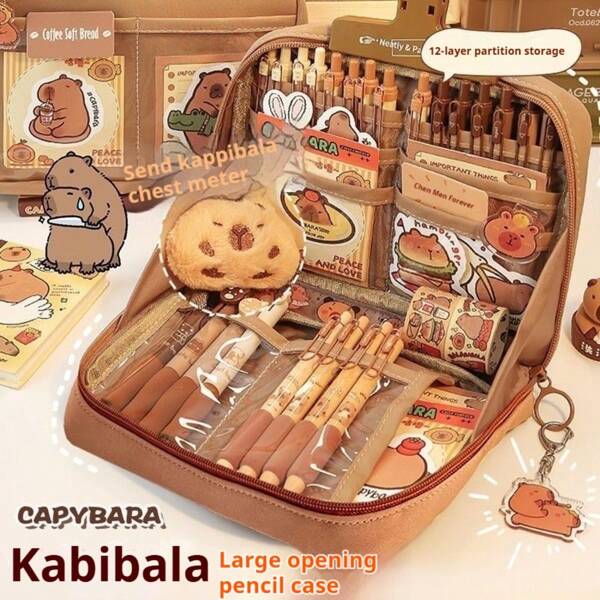 33pcs Capybara Stationery Set, Cute Capybara Pencil Case, Multi-Layer School Pencil Box With Stickers, Keychain, Brooch, Gift Kit,Pencil Pouch,School Bag, School Supplies,Back To School