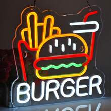 1 pezzo Insegna al neon di hamburger e patatine per decorazione da parete, luce al neon di hamburger e patatine francesi di 32,0 cm x 30,0 cm , segni di fast food per casa, ristorante, bar, caverna dell uomo, decorazione, Eid Al-Adha Mubarak