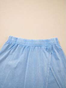 Mineral Wash Round Neck Tank Top Lined High Waist Split Skirt Set - Myosotis - View 8