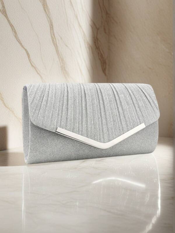 Pleated Flap Chain Metallic Shiny Square Handbag
