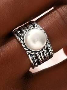 1 件波西米亚风复古银色仿珍珠女士戒指，适合婚礼订婚承诺、日常佩戴