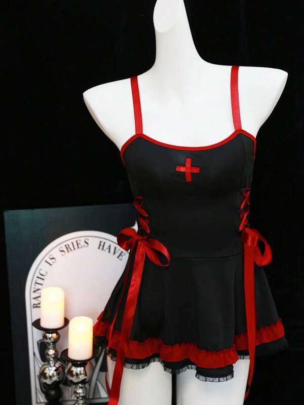 Lencería de enfermera sexy para mujer con vestido de encaje y tanga, camisón lencero cautivador