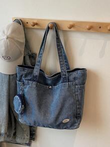 New Fashion Casual Solid Color Washed Canvas Women Tote Bag With Multiple Pockets, Shoulder Bag, Large Capacity Suitable For Commuting & Shopping,Including Coin Purse