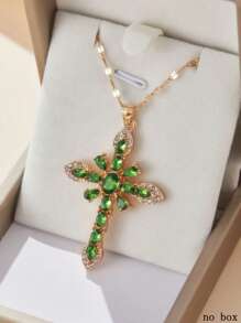 1 peça colar elegante de zircônia verde com cruz, colar de oração, joias femininas para presente